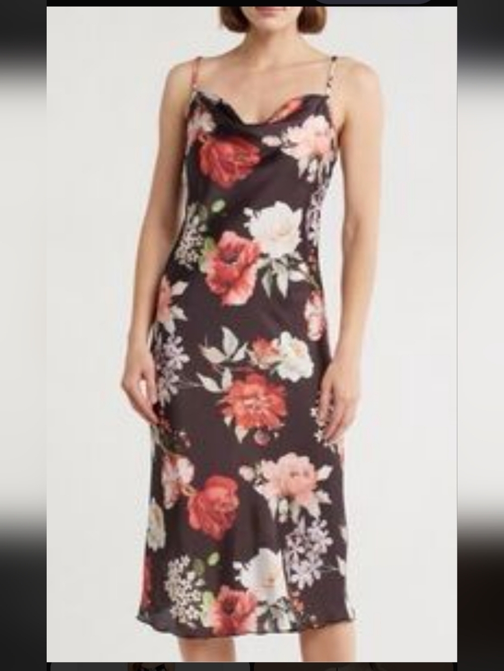 bebe Black Floral Slip Midi Dress with Red and Cream Blooms NWOT Size XL